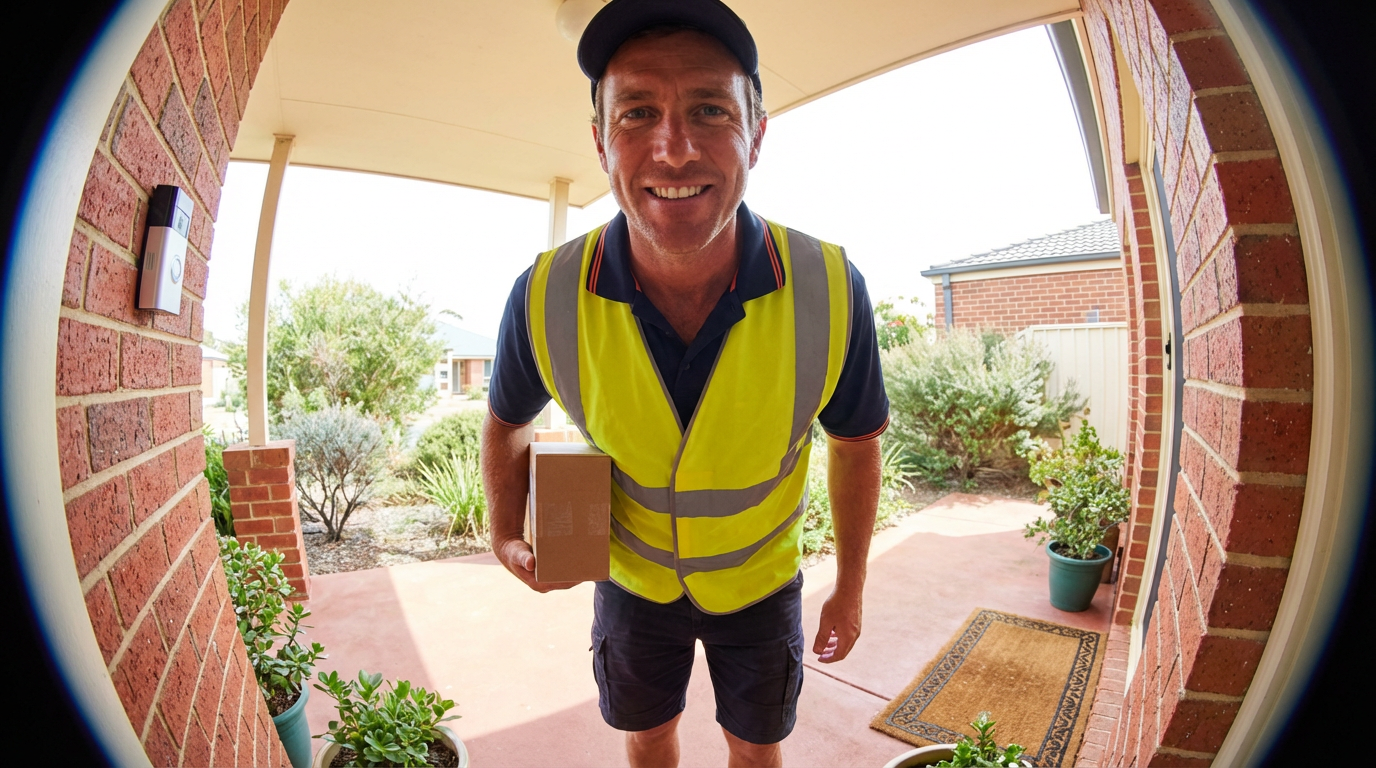 Doorbell camera view showing a delivery person at the front door